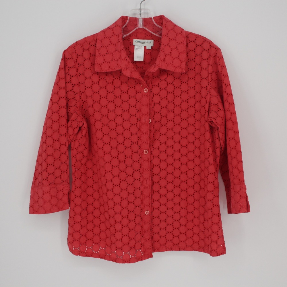 Coldwater Creek Women's Red Eyelet Embroidered Button-Down Shirt Size M